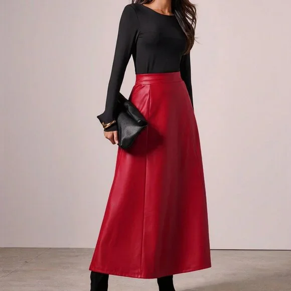 Red Elegant Women's Long fauc leather contemporary maxi Skirt - Picture 1 of 7